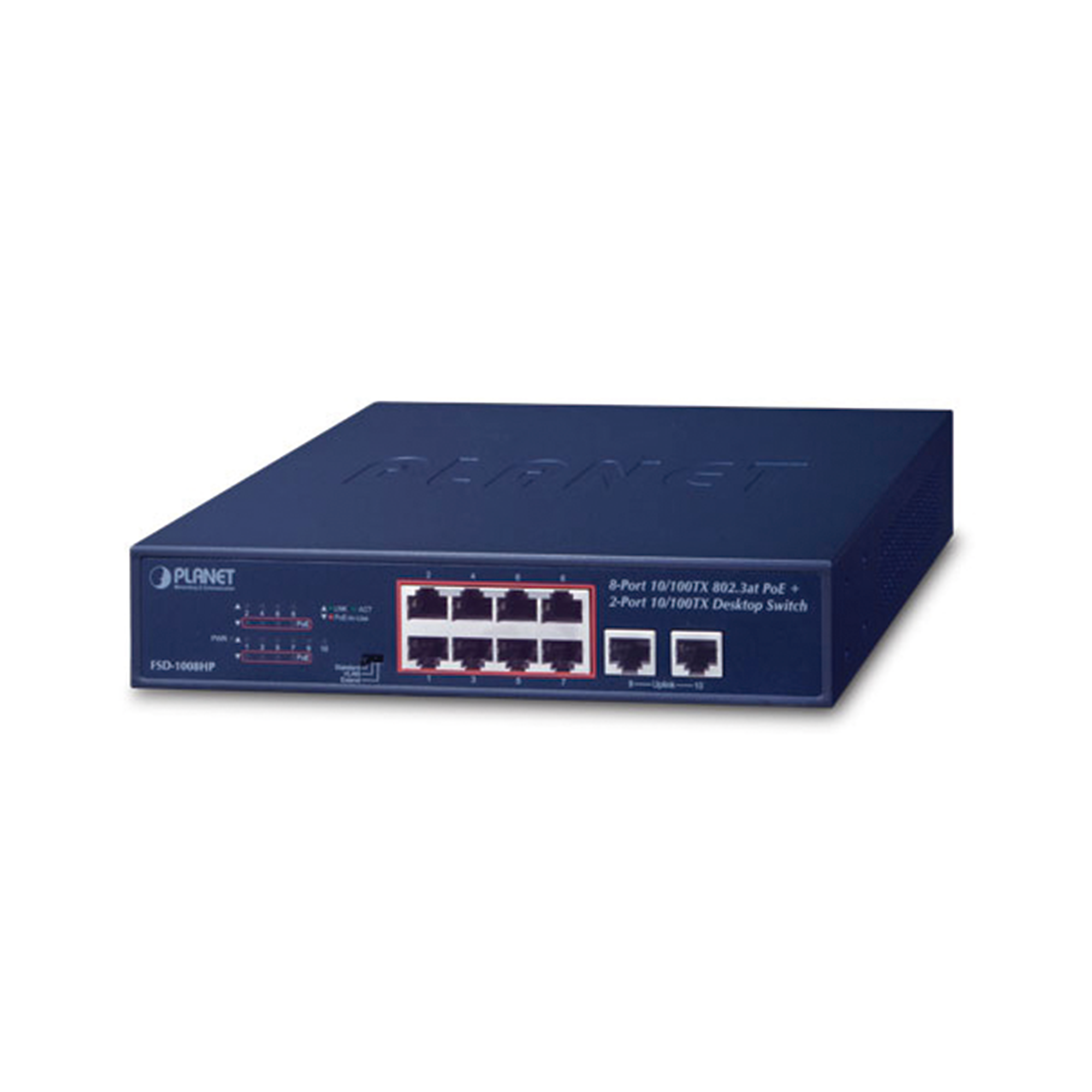 Switch No Administrable de Escritorio y Rack, 8 Puertos Fast Ethernet con PoE 802.3af/at, 2 Puertos Uplink, Hasta 250 m en Modo Extendido Switch No Administrable de Escritorio y Rack, 8 Puertos Fast Ethernet con PoE 802.3af/at, 2 Puertos Uplink, Hasta 250 m en Modo Extendido
